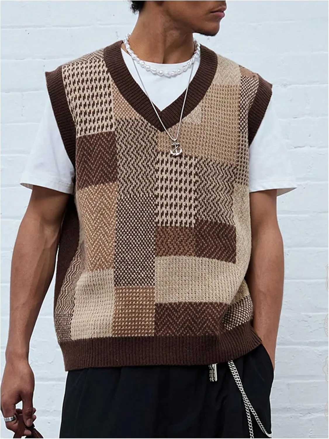 OYOANGLE Men's Vintage Plaid Print Sweater Vest Sleeveless V Neck Pullover Knit Tank Tops
