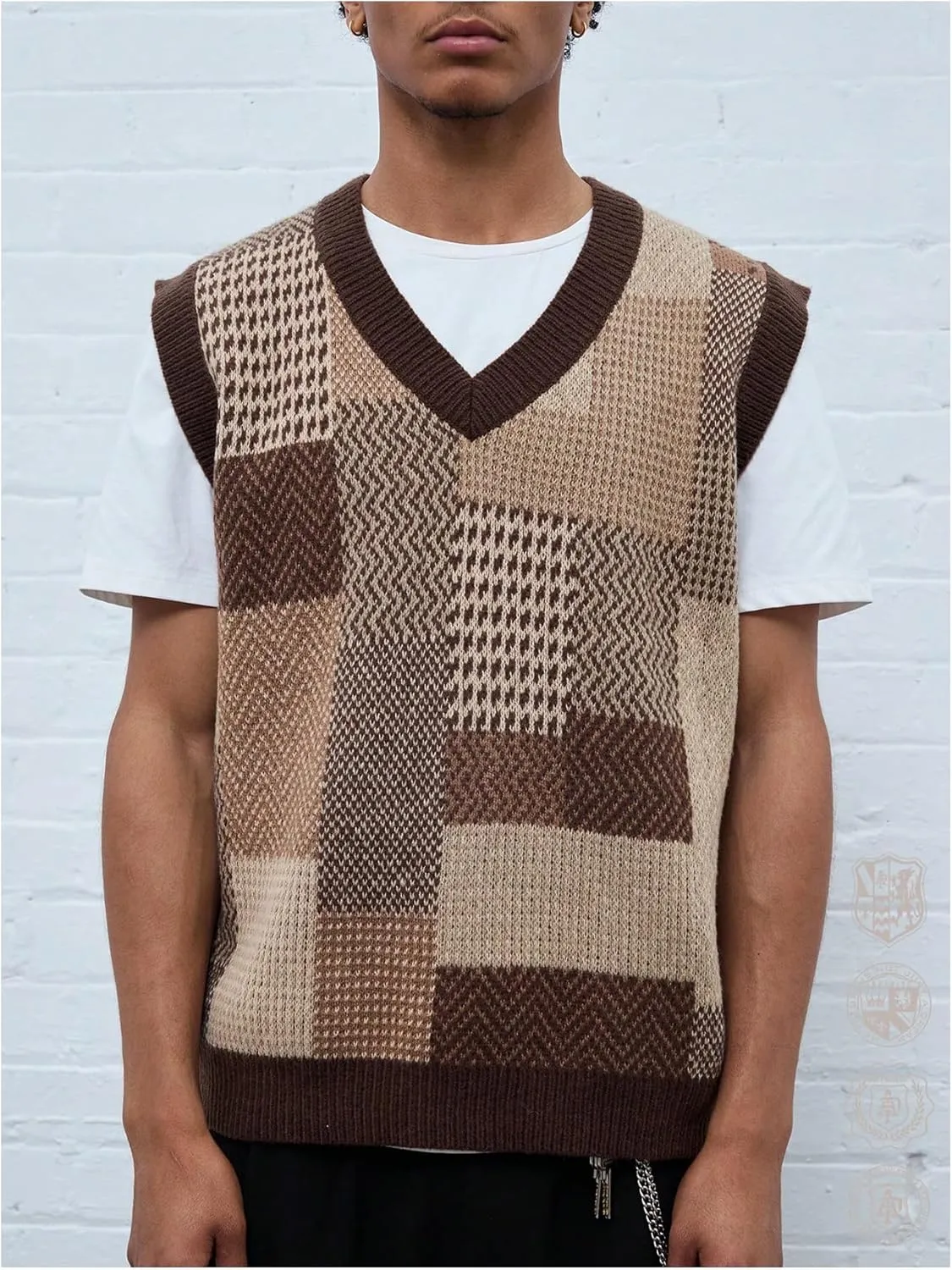 OYOANGLE Men's Vintage Plaid Print Sweater Vest Sleeveless V Neck Pullover Knit Tank Tops