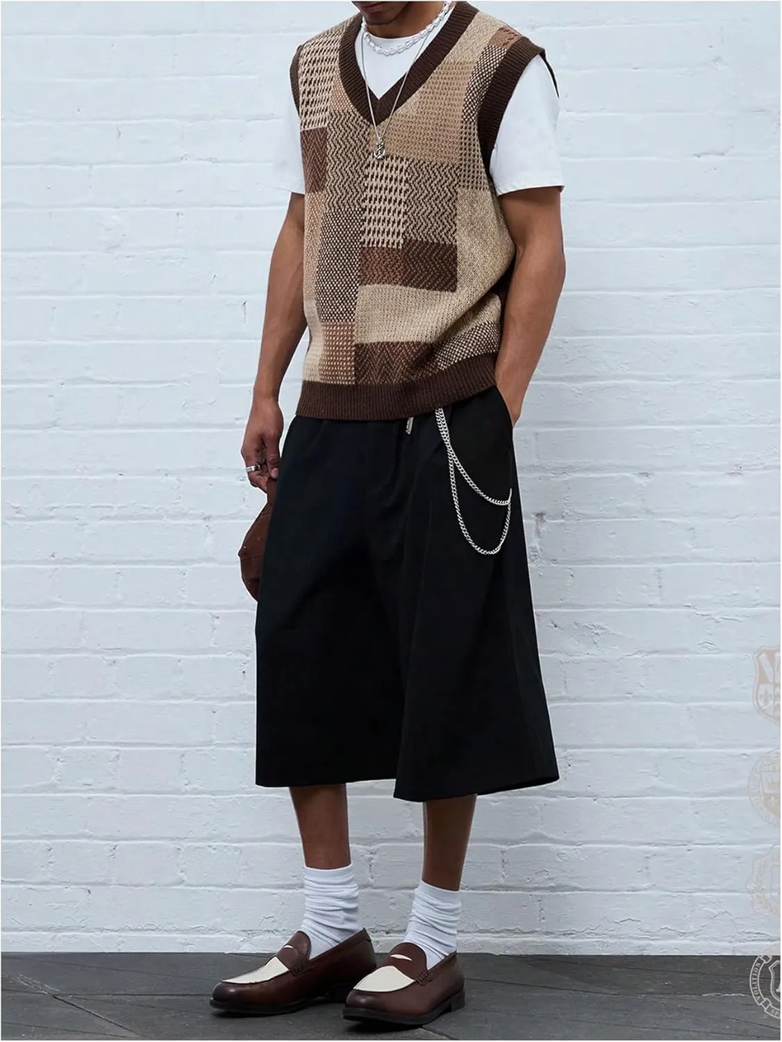 OYOANGLE Men's Vintage Plaid Print Sweater Vest Sleeveless V Neck Pullover Knit Tank Tops