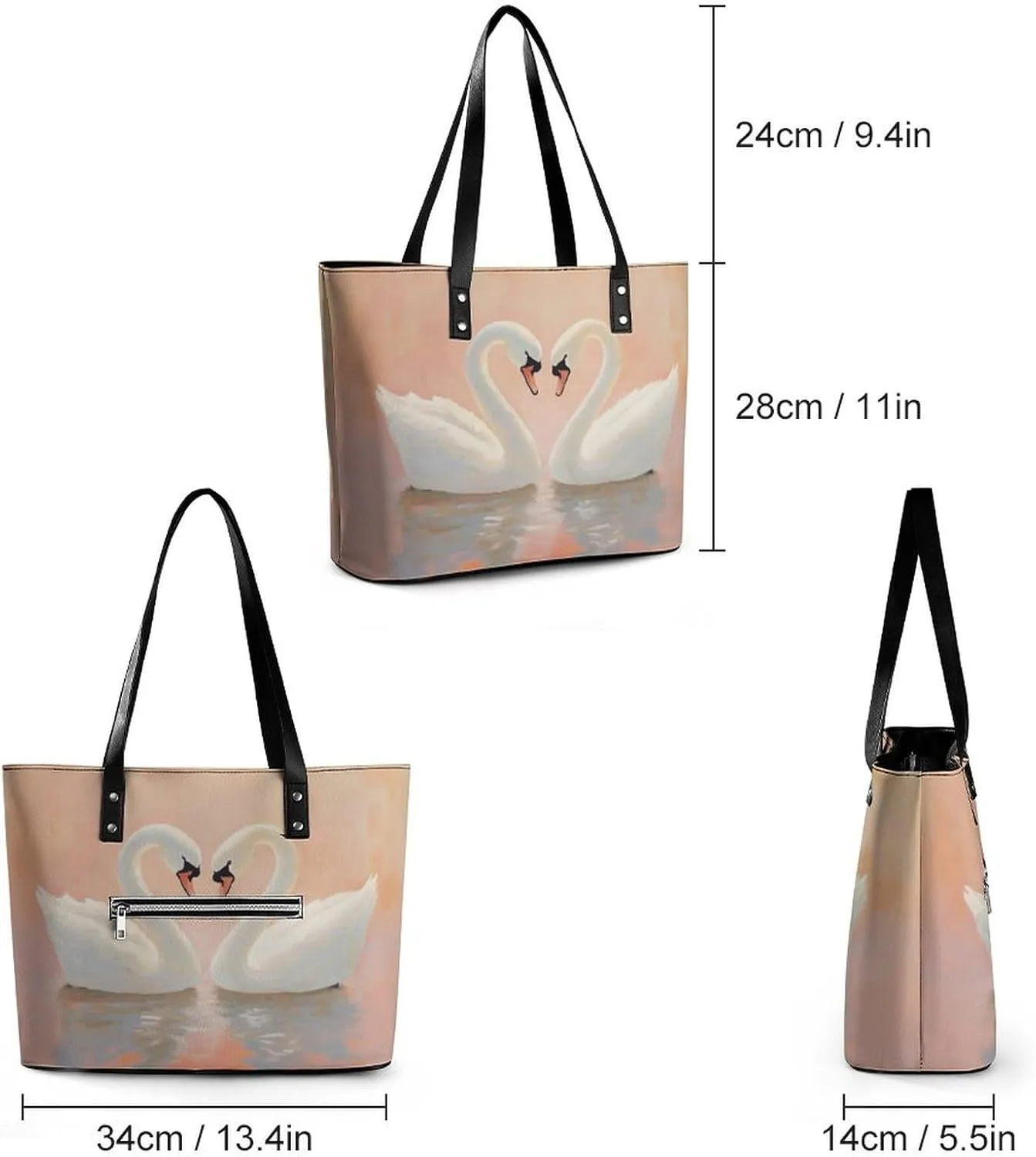 Pair of Swans with Pink Bows Women Soft Leather Handbags Tote Purses Shoulder Bucket Bags