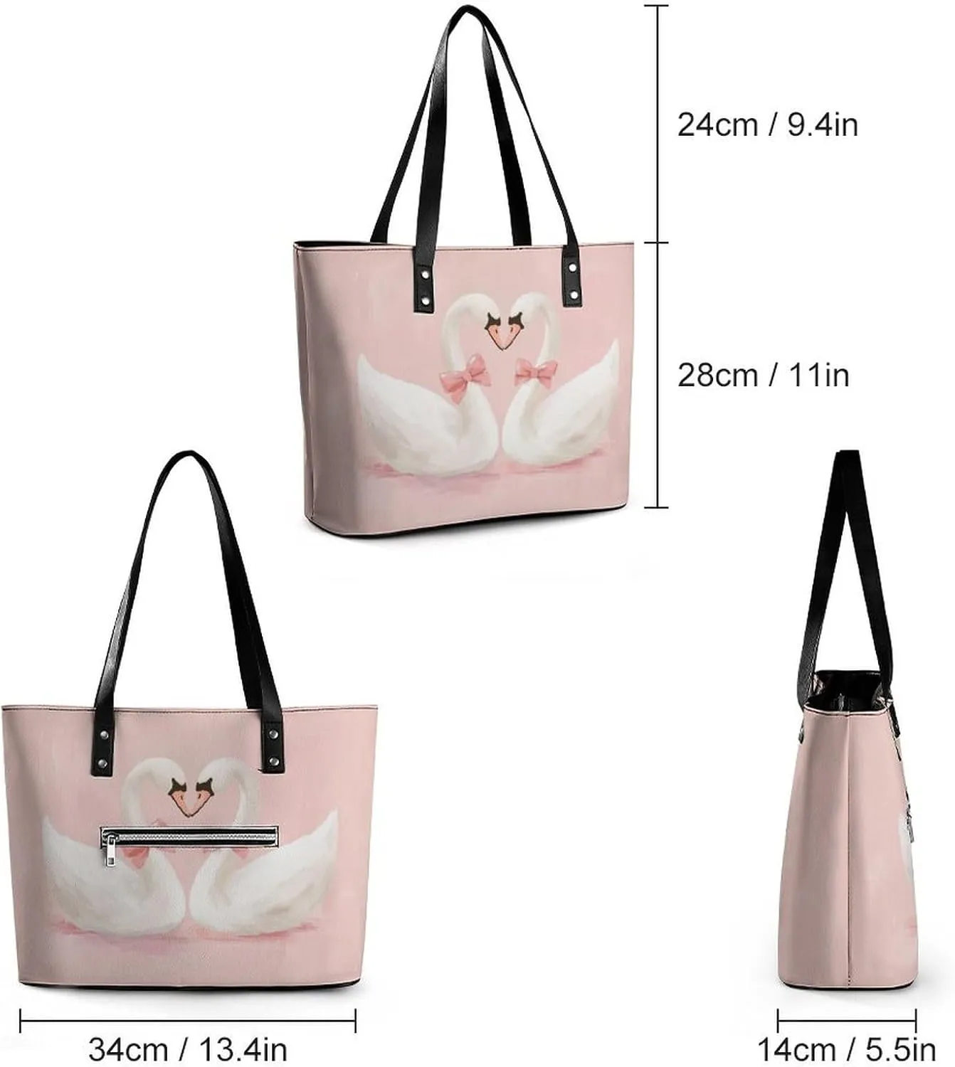 Pair of Swans with Pink Bows Women Soft Leather Handbags Tote Purses Shoulder Bucket Bags