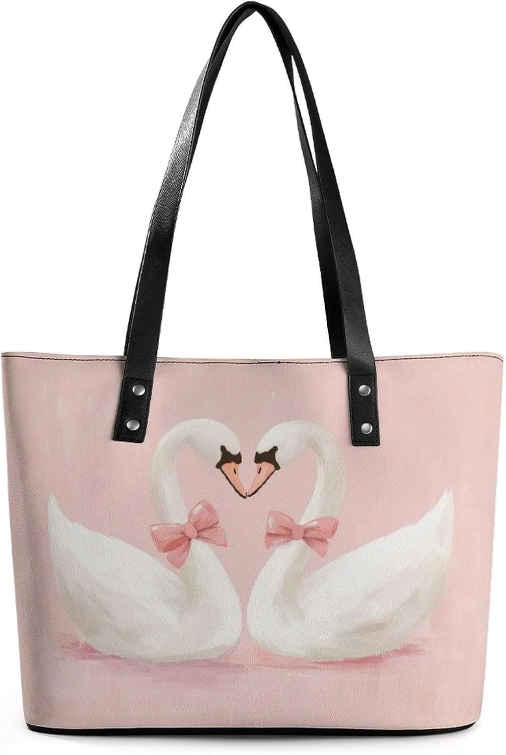 Pair of Swans with Pink Bows Women Soft Leather Handbags Tote Purses Shoulder Bucket Bags
