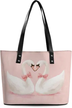 Pair of Swans with Pink Bows Women Soft Leather Handbags Tote Purses Shoulder Bucket Bags