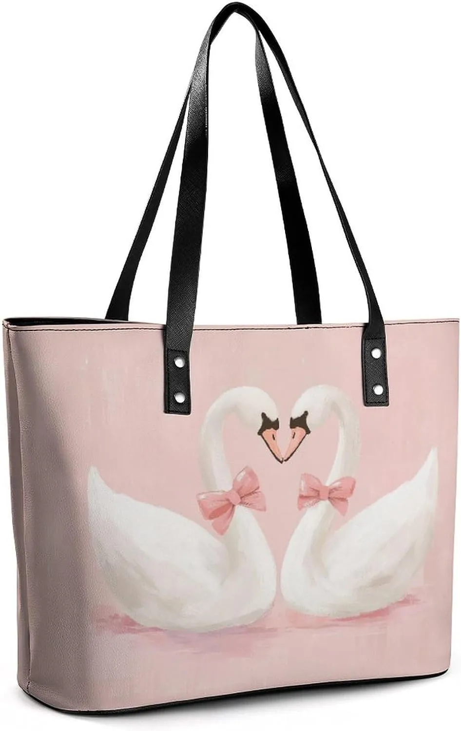 Pair of Swans with Pink Bows Women Soft Leather Handbags Tote Purses Shoulder Bucket Bags