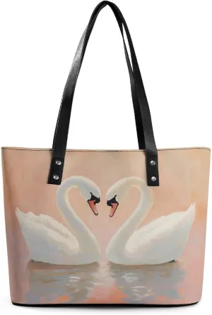 Pair of Swans with Pink Bows Women Soft Leather Handbags Tote Purses Shoulder Bucket Bags