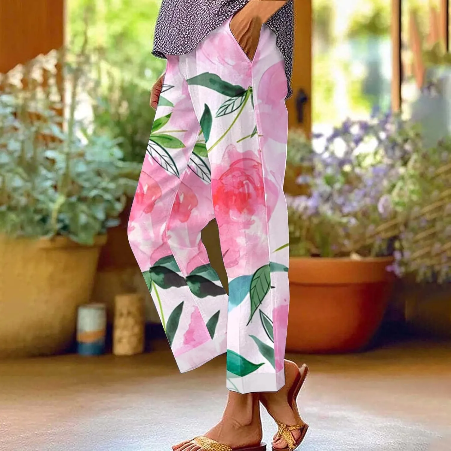 Pants for Women Casual Summer Drawstring Lightweight Elastic High Waist Linen Pants Straight Wide Leg Capris