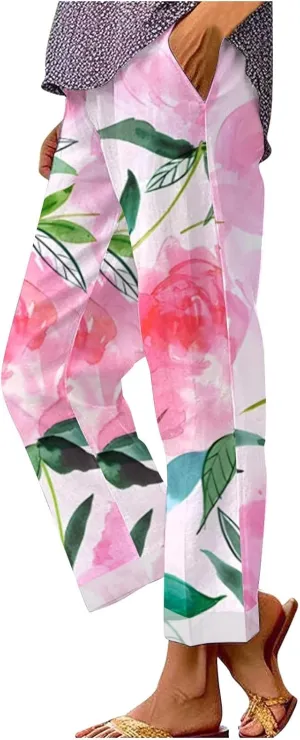 Pants for Women Casual Summer Drawstring Lightweight Elastic High Waist Linen Pants Straight Wide Leg Capris