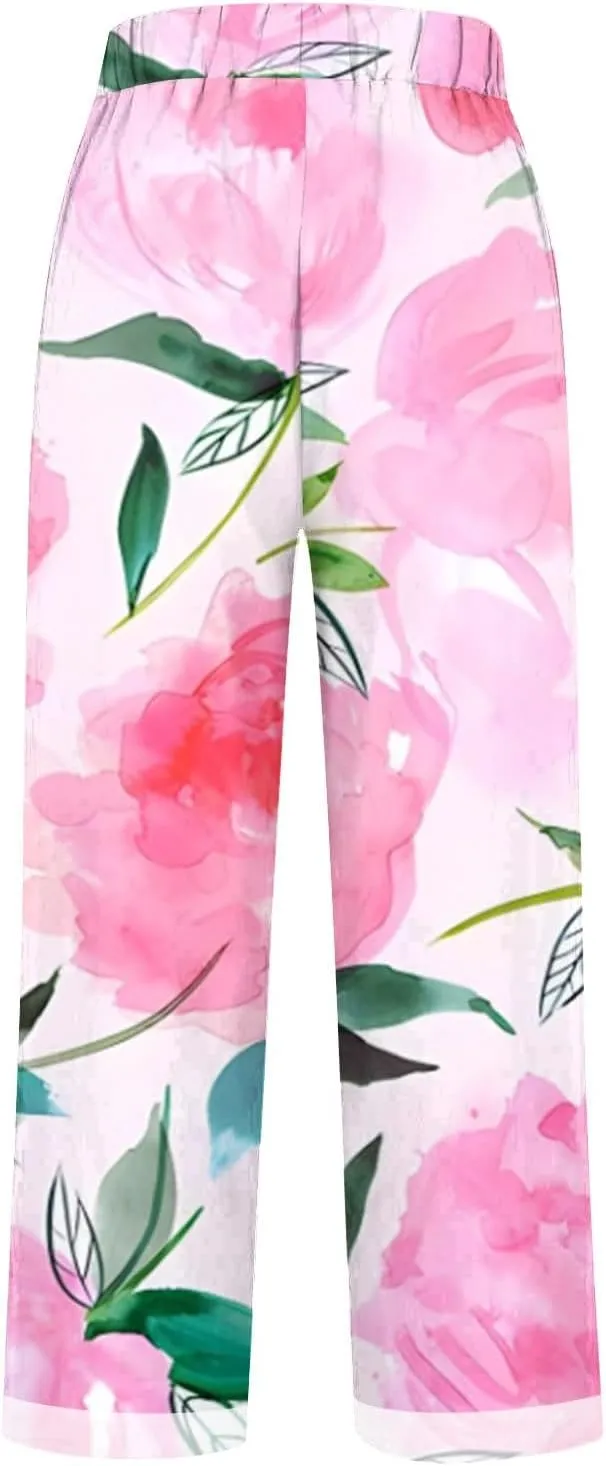 Pants for Women Casual Summer Drawstring Lightweight Elastic High Waist Linen Pants Straight Wide Leg Capris