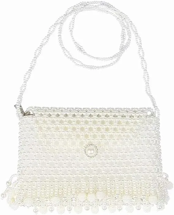 Pearl Beaded Evening Clutch Purse with Chain Strap, White, Metallic Frame