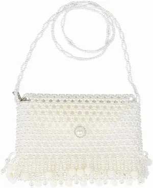Pearl Beaded Evening Clutch Purse with Chain Strap, White, Metallic Frame
