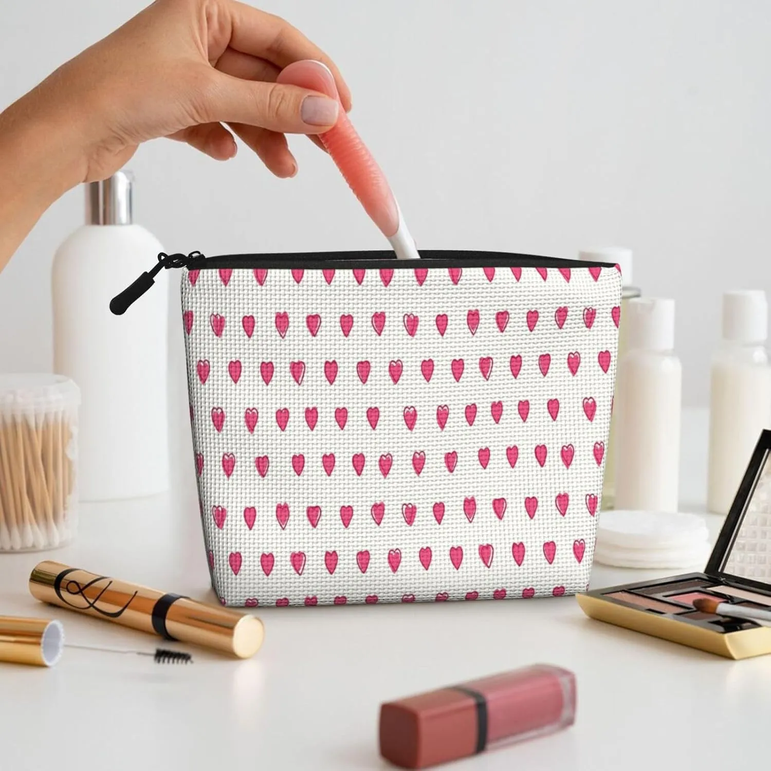 Pink Rabbit Hearts Makeup Bag Travel Cosmetic Bags For Women Portable Pouch For Purse Zipper Toiletry Accessories Storage Bag