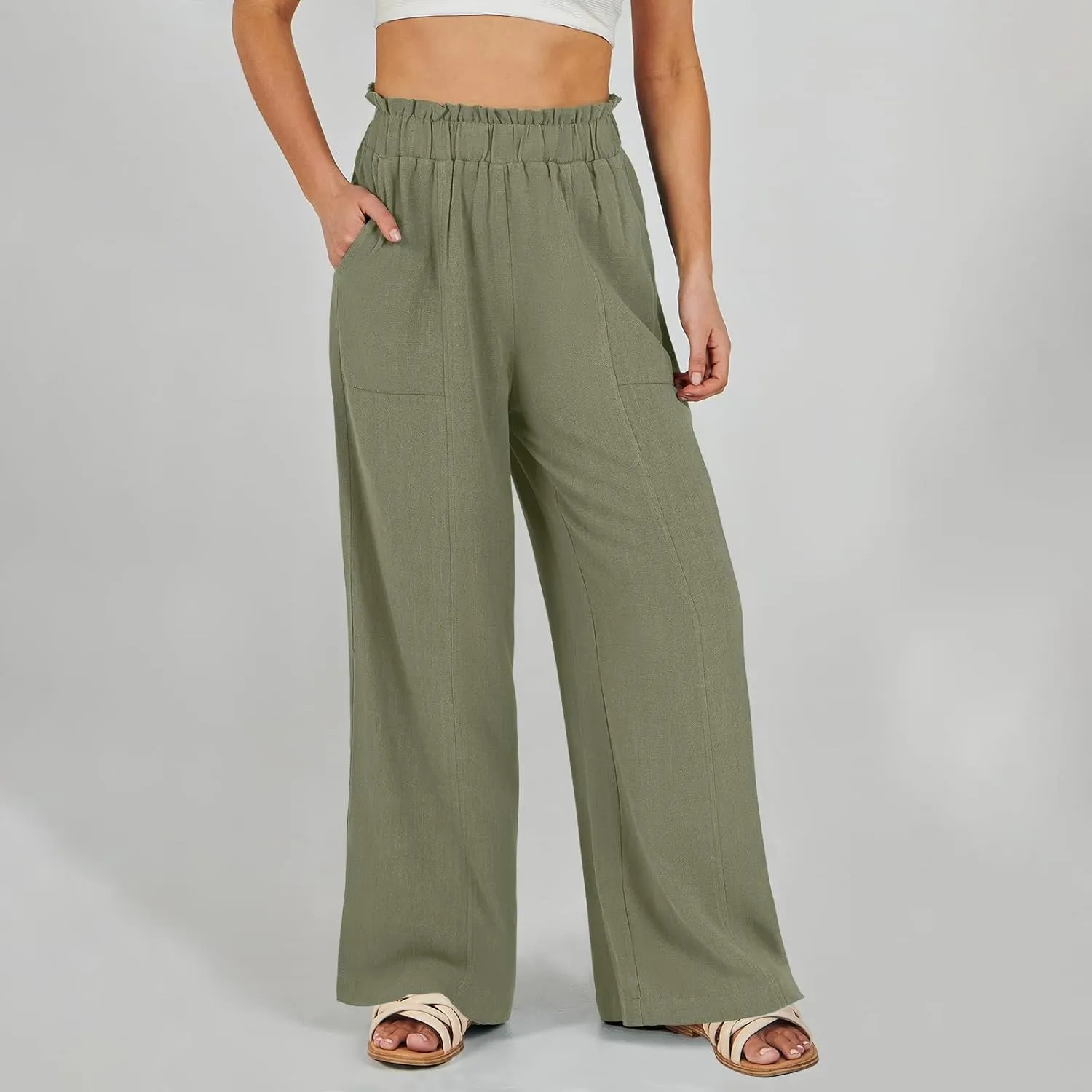 Plus Size Linen Pants Women Summer Casual Loose Flowy High Waited Beach Pants Trendy Summer Outfits with Pockets