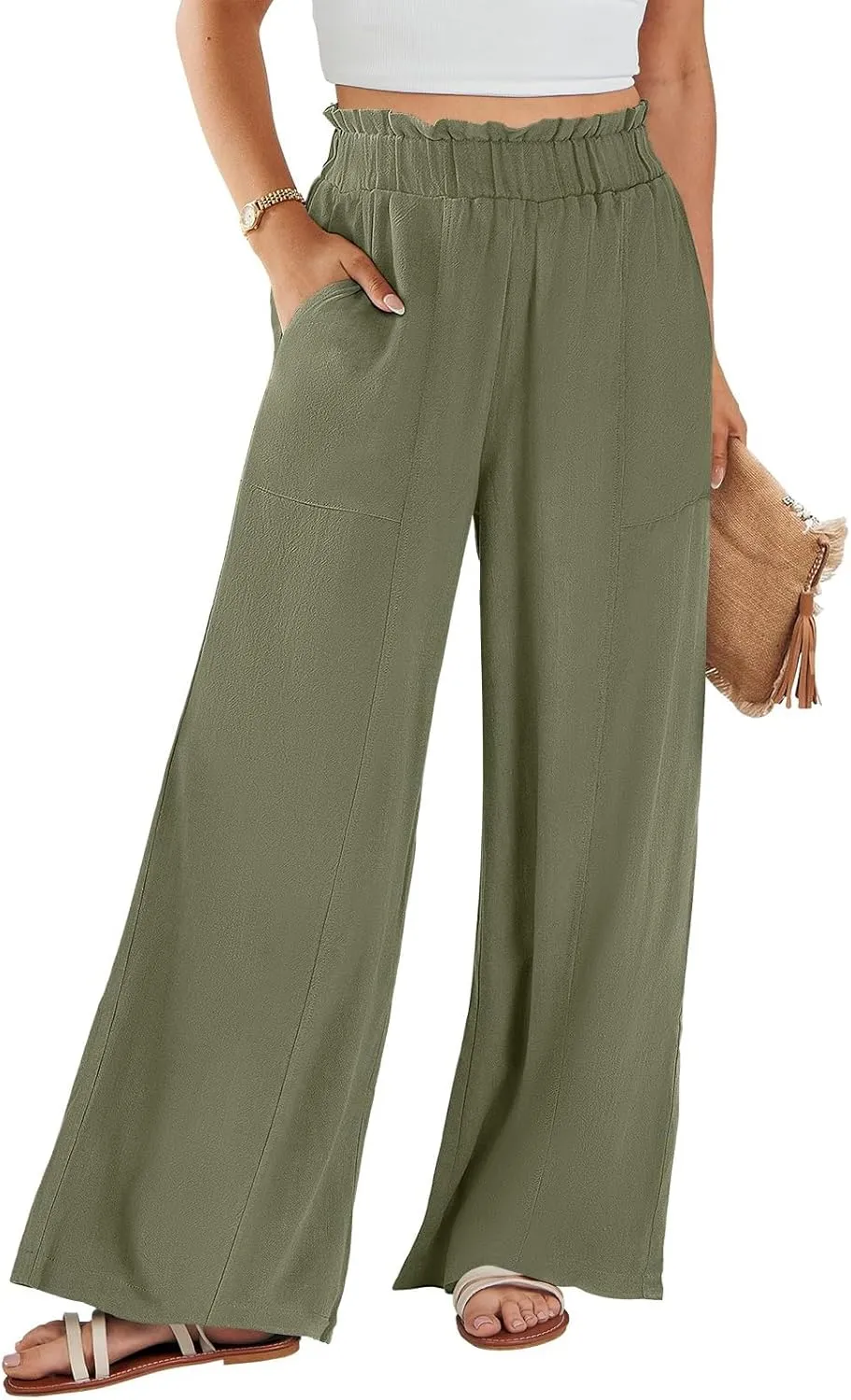 Plus Size Linen Pants Women Summer Casual Loose Flowy High Waited Beach Pants Trendy Summer Outfits with Pockets