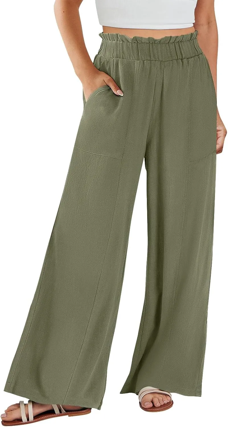Plus Size Linen Pants Women Summer Casual Loose Flowy High Waited Beach Pants Trendy Summer Outfits with Pockets
