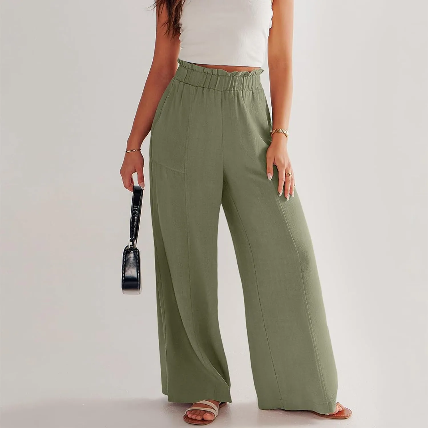 Plus Size Linen Pants Women Summer Casual Loose Flowy High Waited Beach Pants Trendy Summer Outfits with Pockets