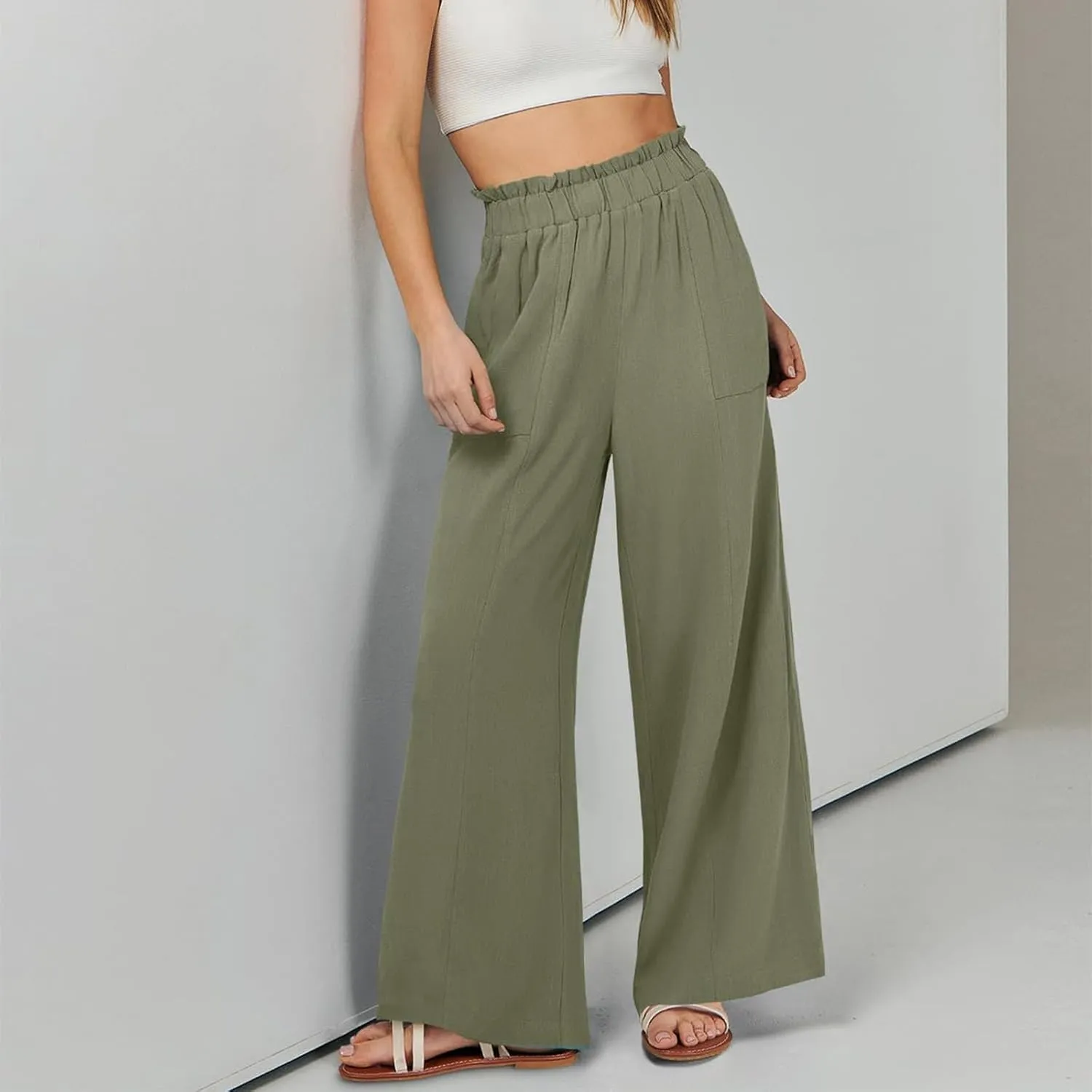 Plus Size Linen Pants Women Summer Casual Loose Flowy High Waited Beach Pants Trendy Summer Outfits with Pockets