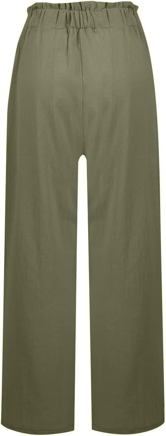 Plus Size Linen Pants Women Summer Casual Loose Flowy High Waited Beach Pants Trendy Summer Outfits with Pockets