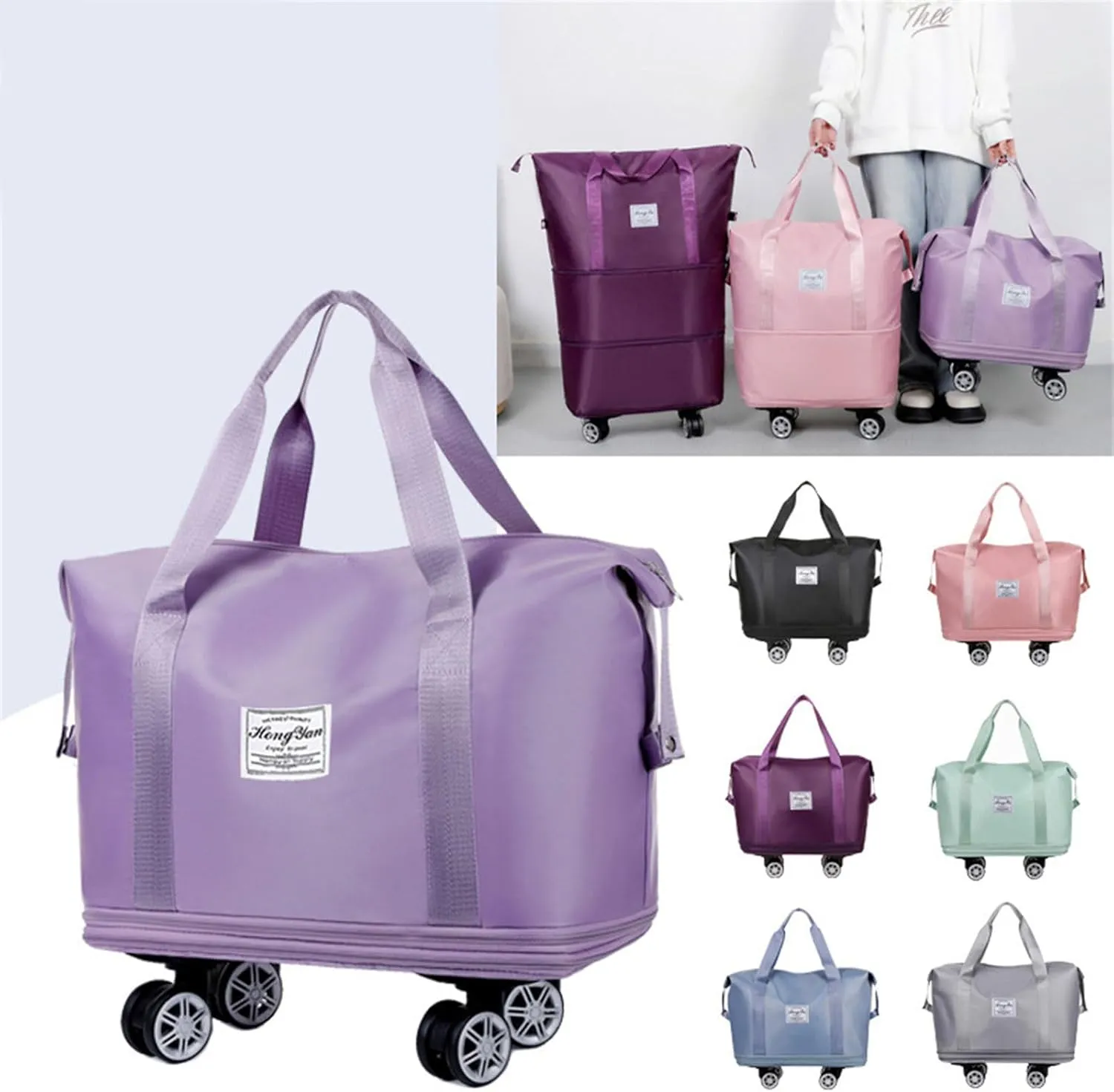 Purple Folding Shopping Cart Bag Trolley Luggage with Detachable Wheel, Expandable, Fabric, Indoor Use