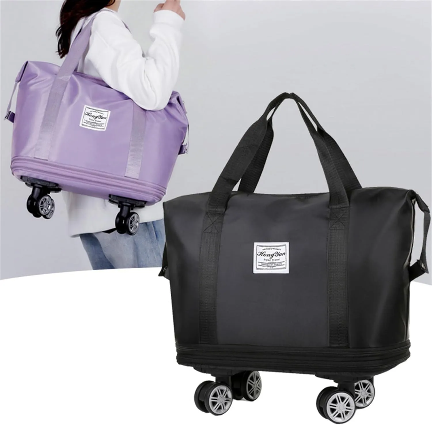 Purple Folding Shopping Cart Bag Trolley Luggage with Detachable Wheel, Expandable, Fabric, Indoor Use