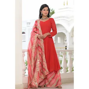 Rangpur Red Anarkali Palazzo Dupatta Set - Set of 3