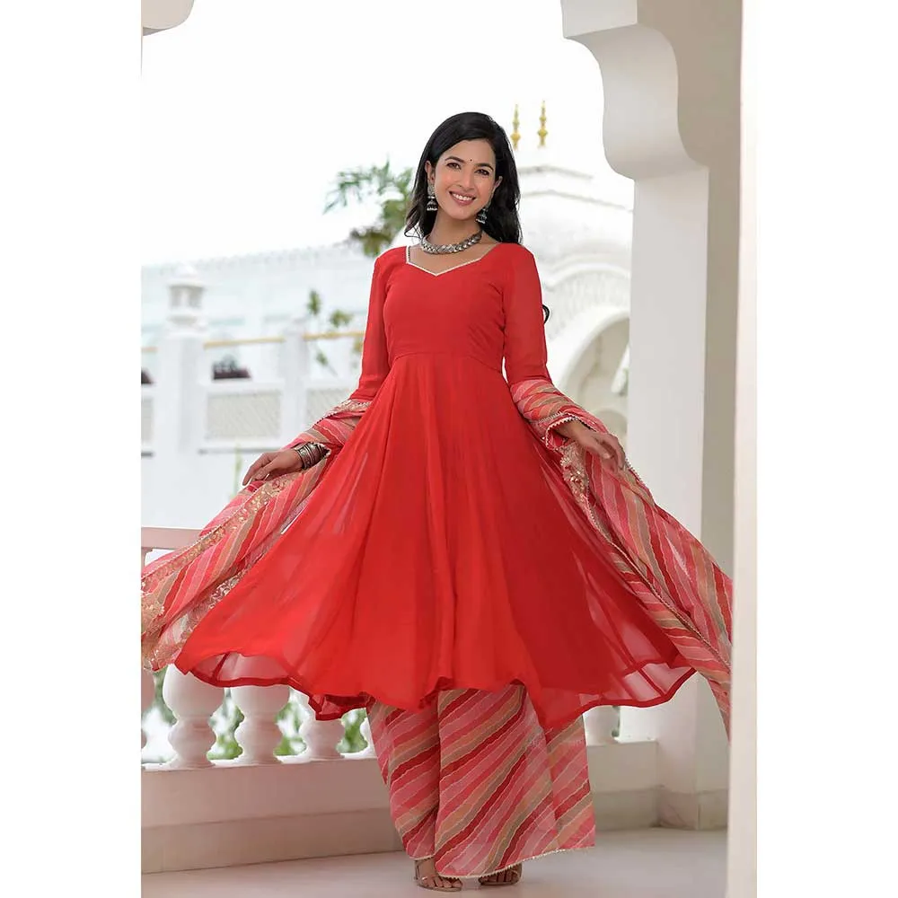Rangpur Red Anarkali Palazzo Dupatta Set - Set of 3