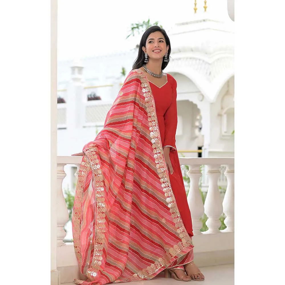 Rangpur Red Anarkali Palazzo Dupatta Set - Set of 3