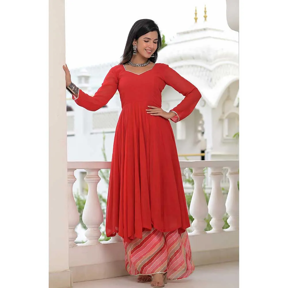 Rangpur Red Anarkali Palazzo Dupatta Set - Set of 3