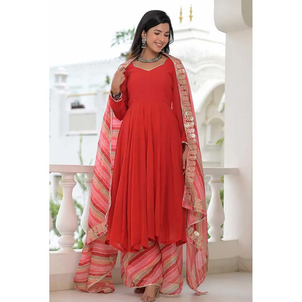 Rangpur Red Anarkali Palazzo Dupatta Set - Set of 3