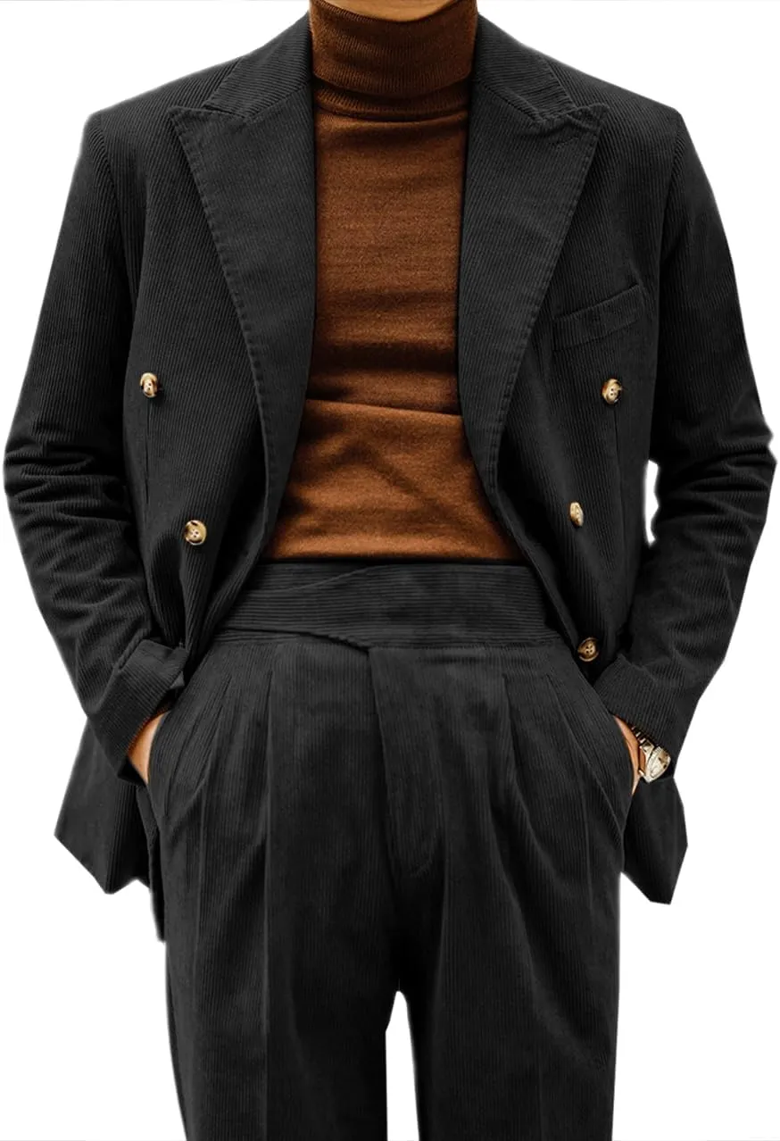 Retro Mens Suits 2 Piece Corduroy Regular Fit Casual Dress Suit Blazer Pants Set for Wedding Prom