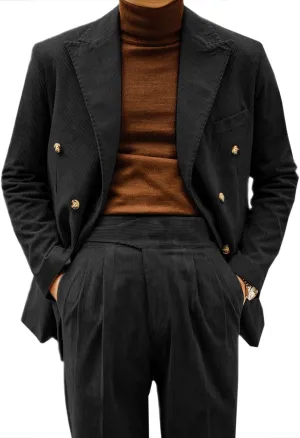 Retro Mens Suits 2 Piece Corduroy Regular Fit Casual Dress Suit Blazer Pants Set for Wedding Prom