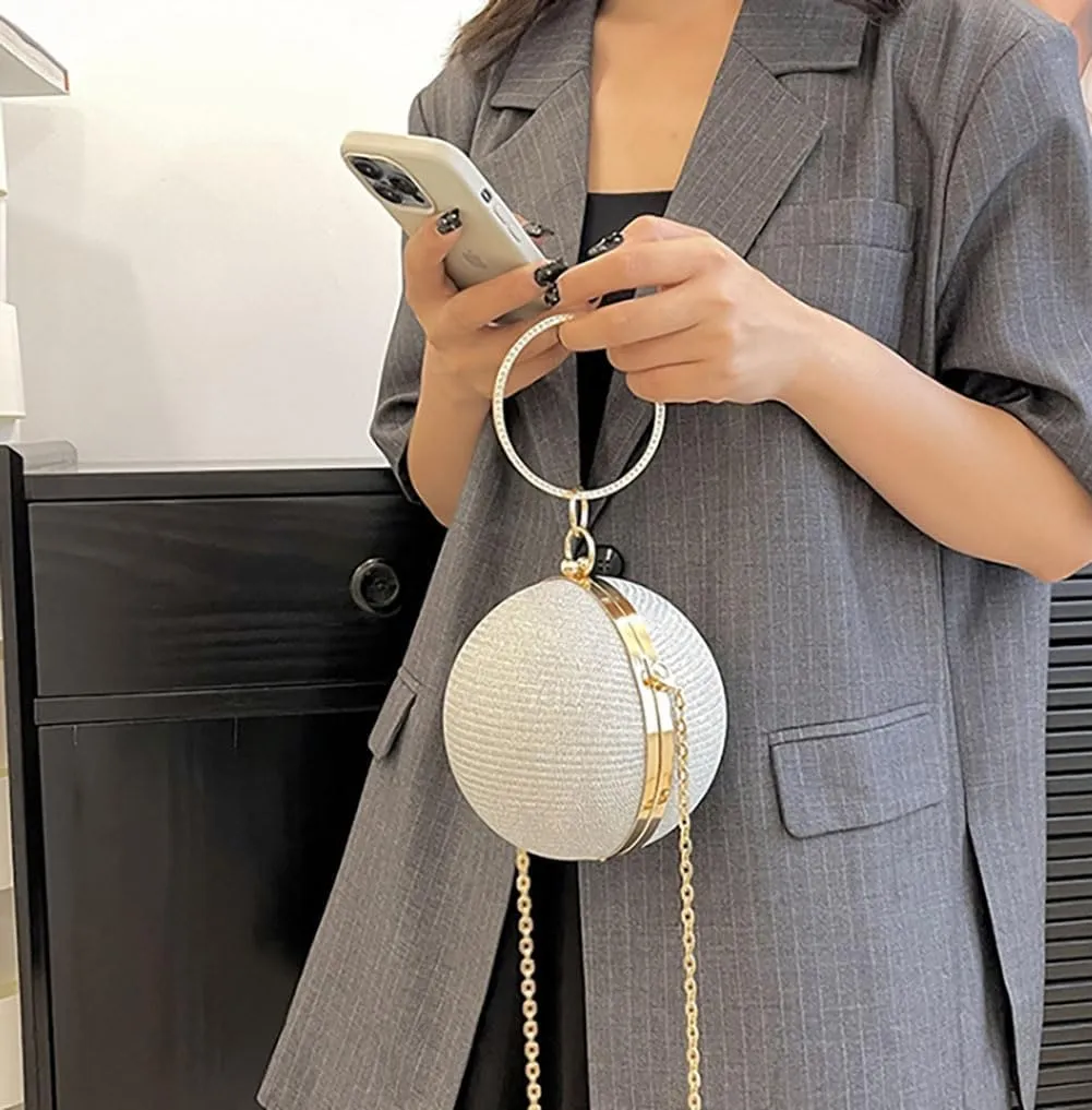 Round Evening Clutch Purse with Ring Handle, 6.7 inches Diameter, Gold Chain Strap