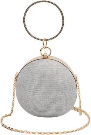 Round Evening Clutch Purse with Ring Handle, 6.7 inches Diameter, Gold Chain Strap
