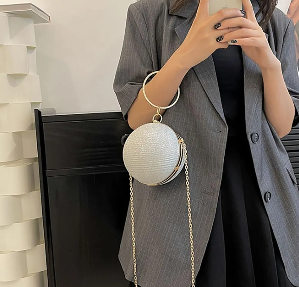 Round Evening Clutch Purse with Ring Handle, 6.7 inches Diameter, Gold Chain Strap