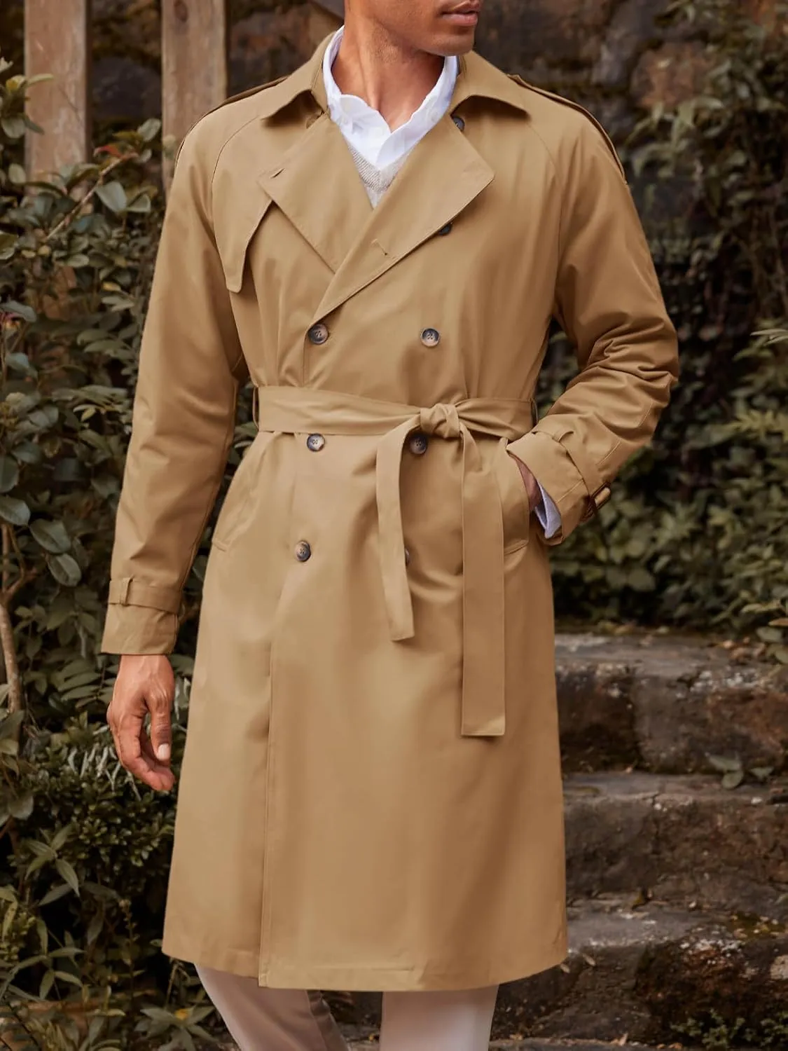 Runcati Mens Trench Coat Double Breasted Long Jacket Casual Windbreaker Notched Lapel Belted Overcoat