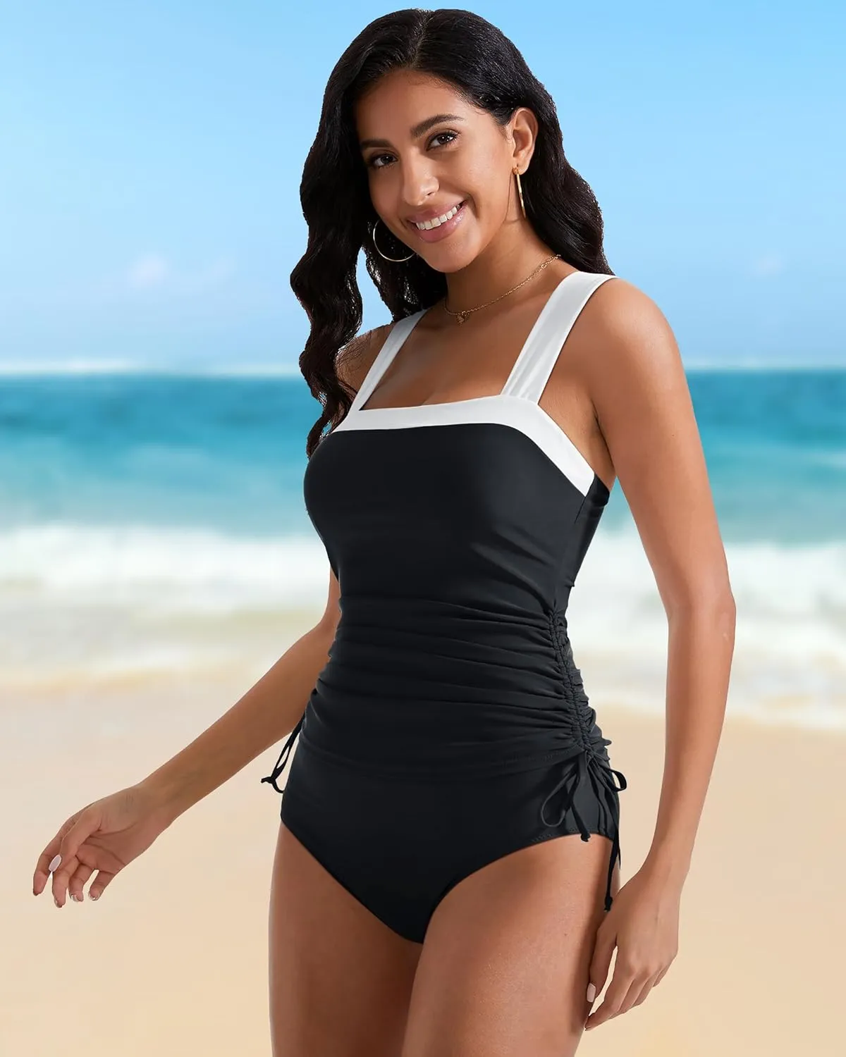 RXRXCOCO Women Tankini Bathing Suits Tummy Control Ruched Swimsuits Colorblock Drawstring Swimwear