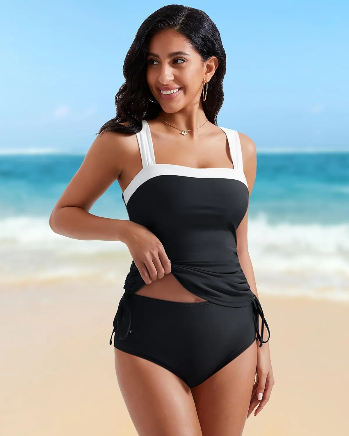 RXRXCOCO Women Tankini Bathing Suits Tummy Control Ruched Swimsuits Colorblock Drawstring Swimwear