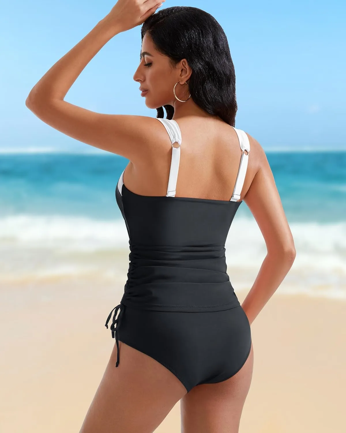 RXRXCOCO Women Tankini Bathing Suits Tummy Control Ruched Swimsuits Colorblock Drawstring Swimwear
