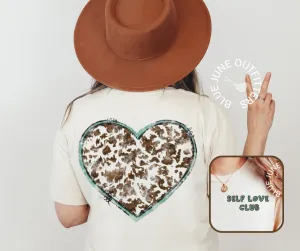 SELF LOVE COW PATTERN HEART | COMFORT COLORS TEE WITH POCKET DESIGN