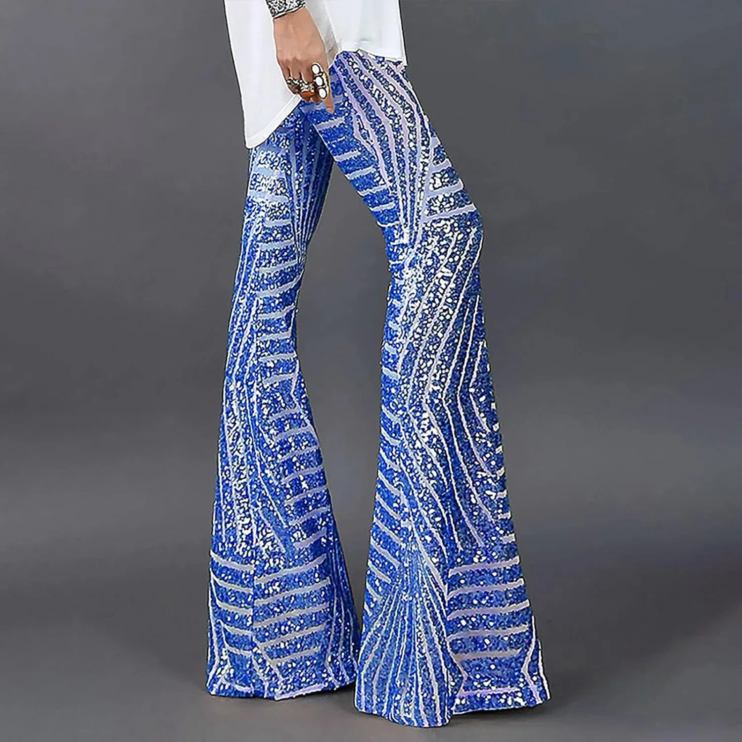 Sequin Pants Womens High Waist Bell Bottoms Glitter Wide Leg Palazzo Pants Night Club Sparkle Flared Trousers