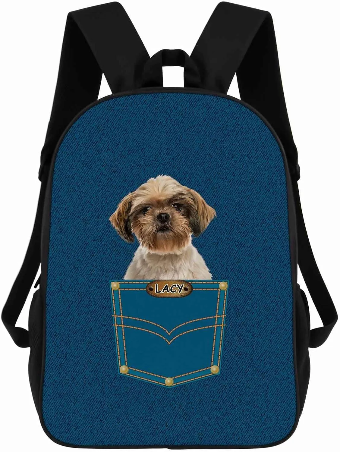 Shih Tzu Backpack Bookbag Custom Blue Jeans Print Daypack Laptop Bag for Work Travel Hiking 17 Inch Lightweight Style 2