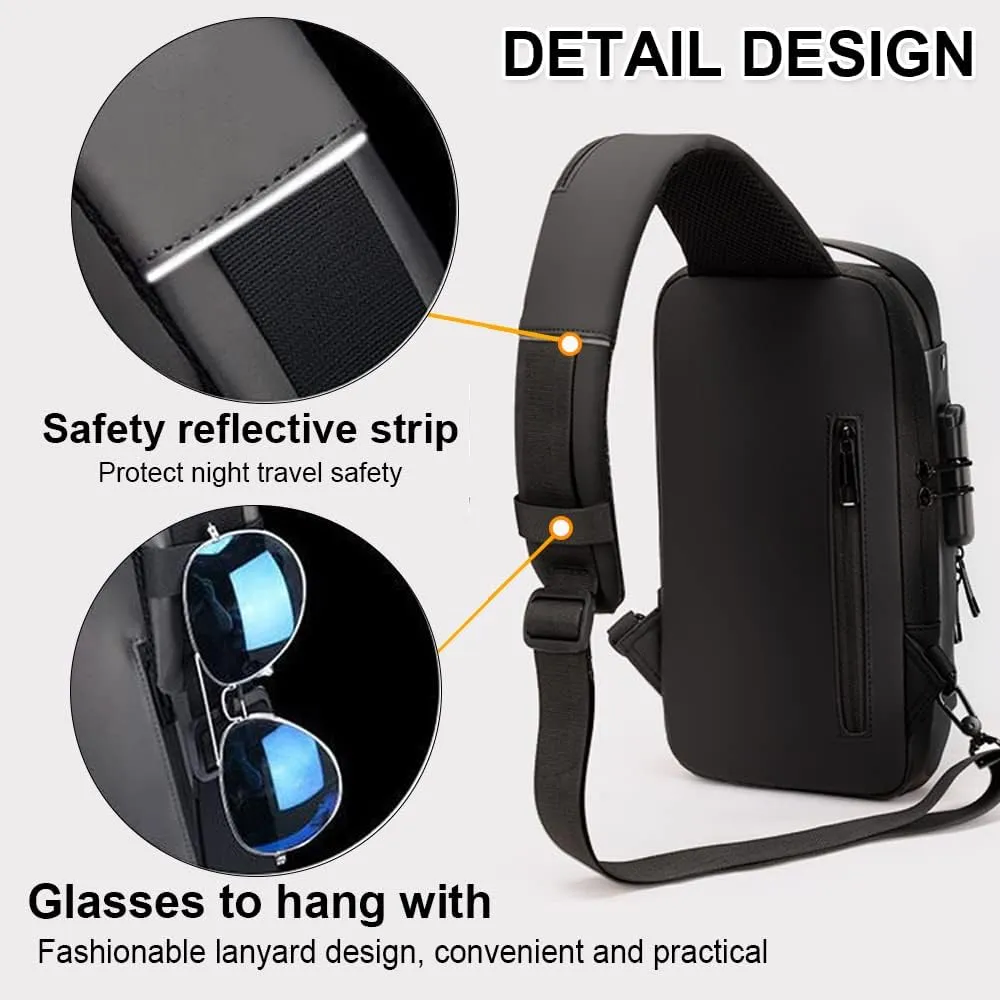 Sling Backpack USB Waterproof Chest Daypack Casual Shoulder Bag (Black)