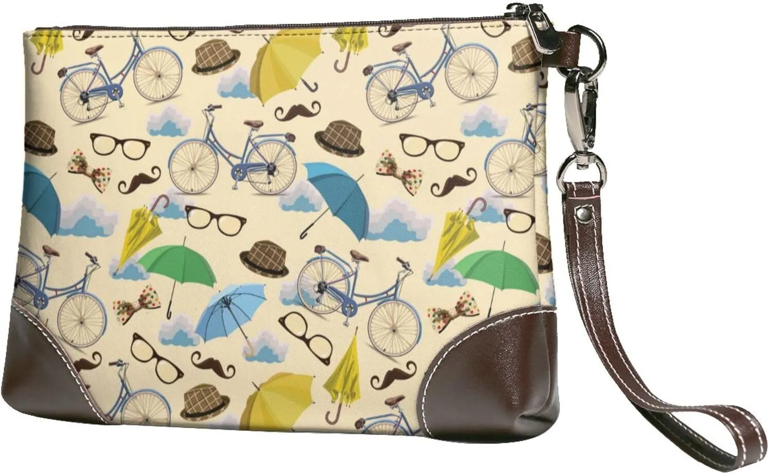 Small Clutch Purses for Women - Bike Pattern Umbrella Leather Wristlet Wallets for Women with Wrist Strap