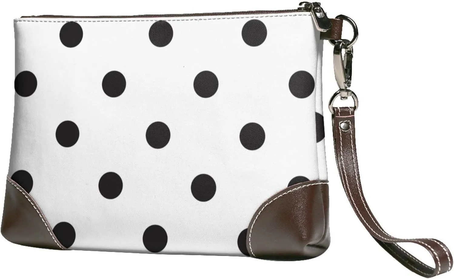 Small Clutch Purses for Women - Black Polka Dots White Leather Wristlet Wallets for Women with Wrist Strap