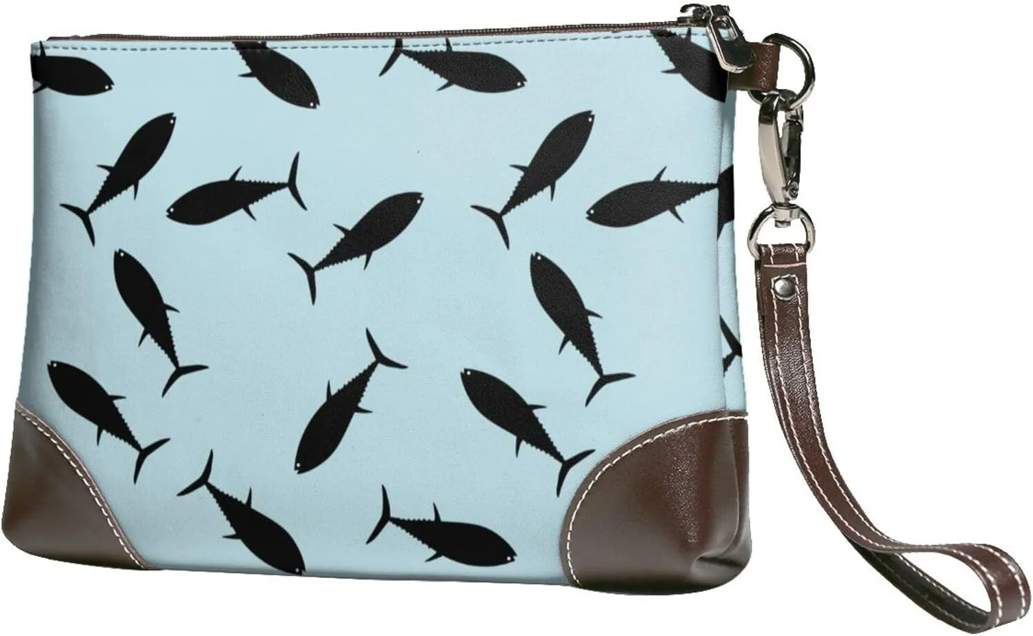 Small Clutch Purses for Women - Black tuna fish Leather Wristlet Wallets for Women with Wrist Strap