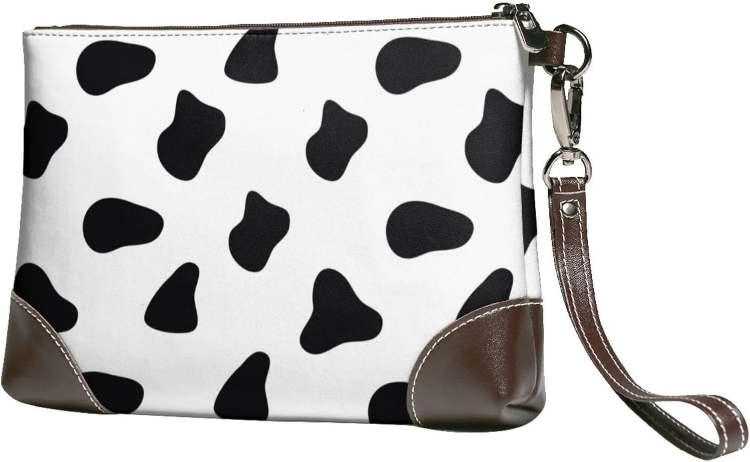 Small Clutch Purses for Women - Black White Cow Print Leather Wristlet Wallets for Women with Wrist Strap