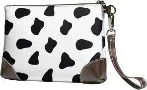 Small Clutch Purses for Women - Black White Cow Print Leather Wristlet Wallets for Women with Wrist Strap