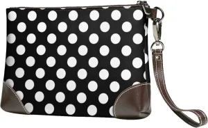 Small Clutch Purses for Women - black white polka dots Leather Wristlet Wallets for Women with Wrist Strap