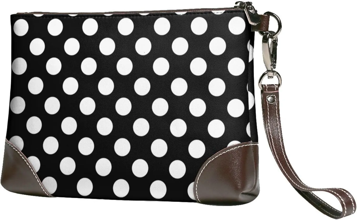 Small Clutch Purses for Women - black white polka dots Leather Wristlet Wallets for Women with Wrist Strap