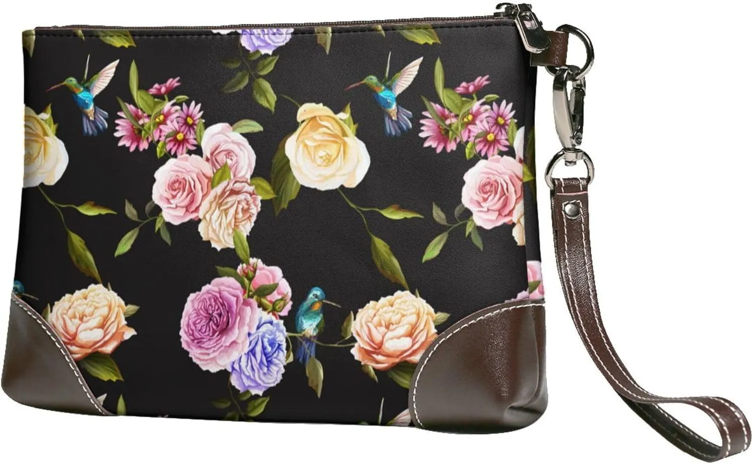 Small Clutch Purses for Women - Carnation Hummingbird Black Leather Wristlet Wallets for Women with Wrist Strap