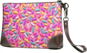 Small Clutch Purses for Women - Colorful Donuts 1 Leather Wristlet Wallets for Women with Wrist Strap